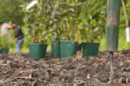 Gardening spade in soil with potted plants and people in the background, outdoor garden setting