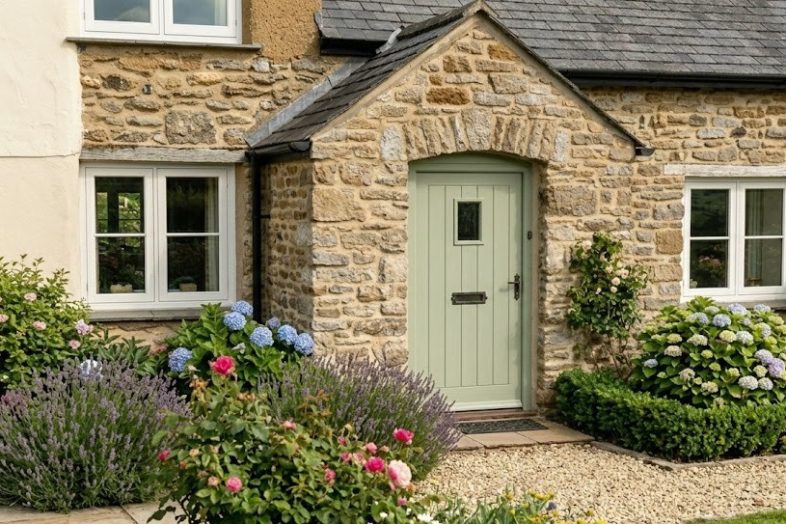 A quaint stone cottage featuring a green door and colorful flowers in the garden