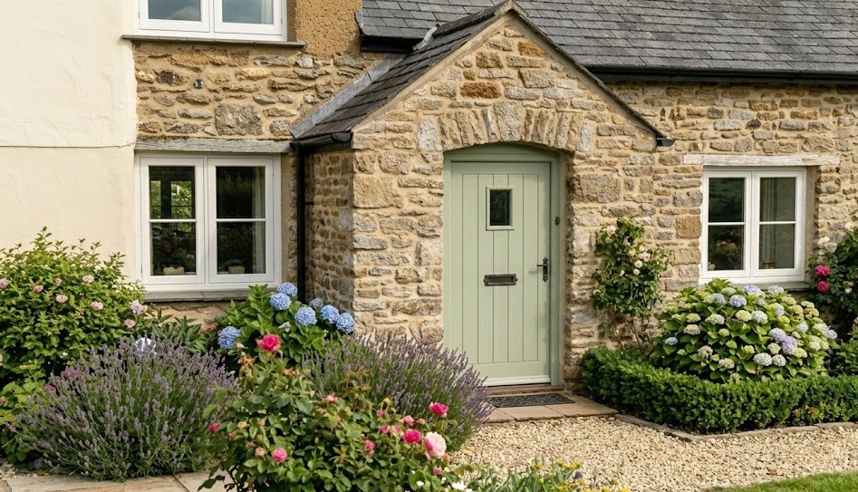 A quaint stone cottage featuring a green door and colorful flowers in the garden