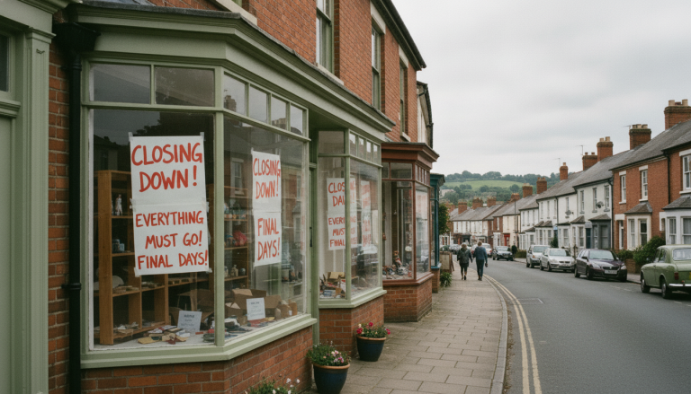 Shop with closing down sale signs on display in a quiet UK street, everything must go, last days for bargains