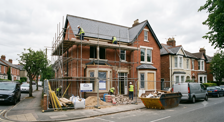 Construction work on a residential house with scaffolding, workers, and renovation materials on a quiet street in the UK