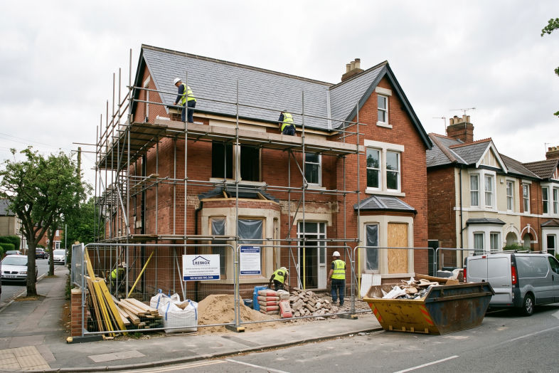 Construction work on a residential house with scaffolding, workers, and renovation materials on a quiet street in the UK