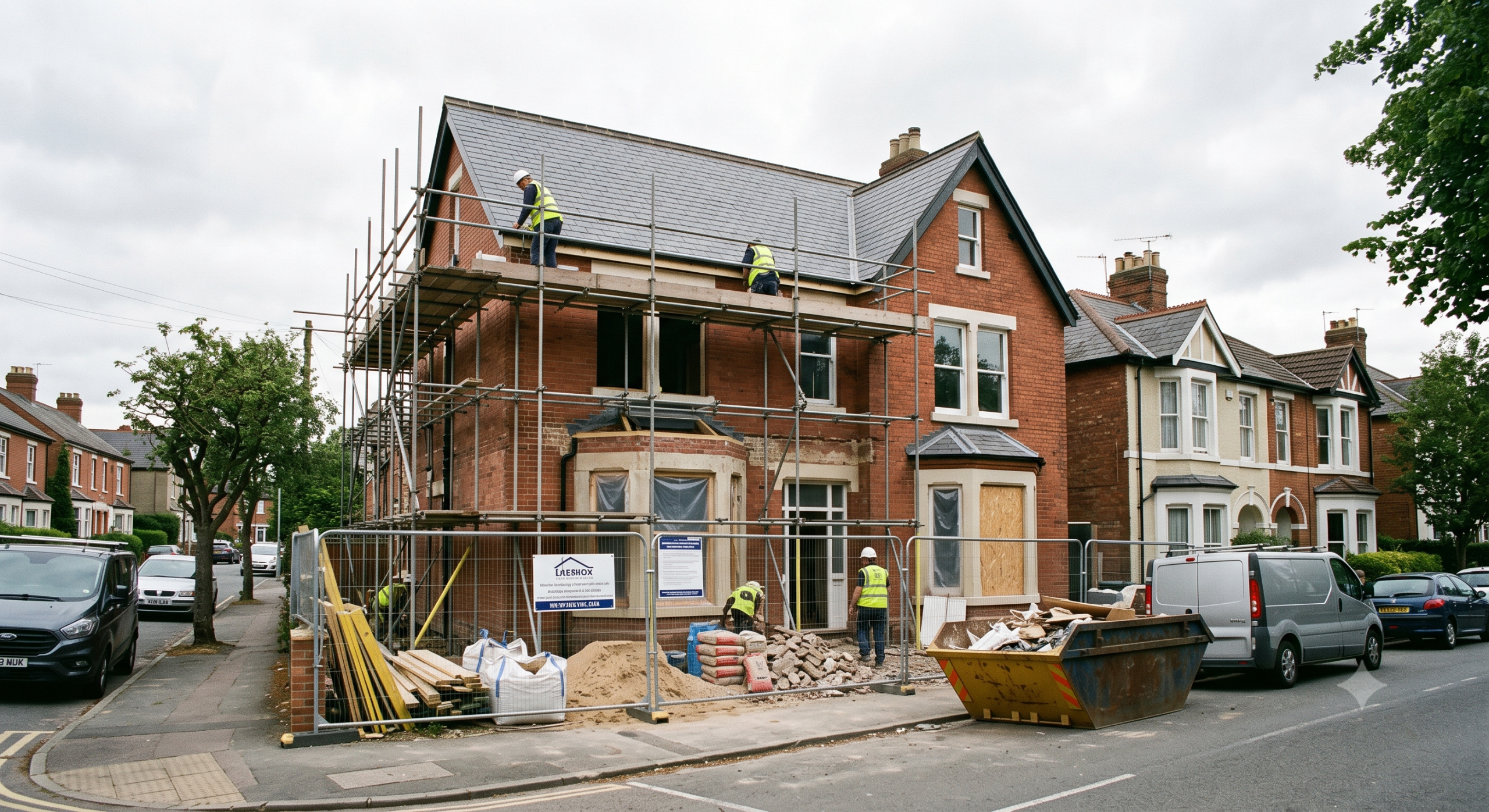 Construction work on a residential house with scaffolding, workers, and renovation materials on a quiet street in the UK